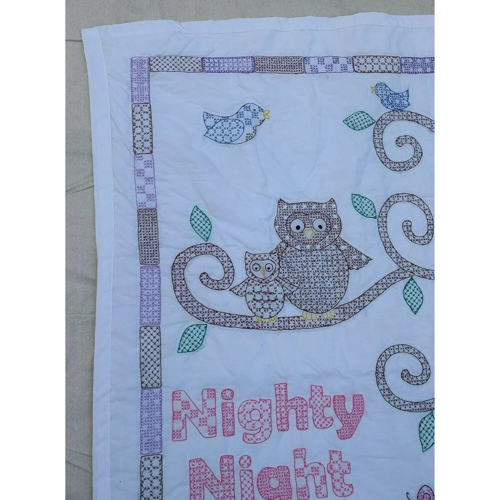 Handmade Baby Quilt, Embroidered Owl Flower Tree Nighty Night, White, 40